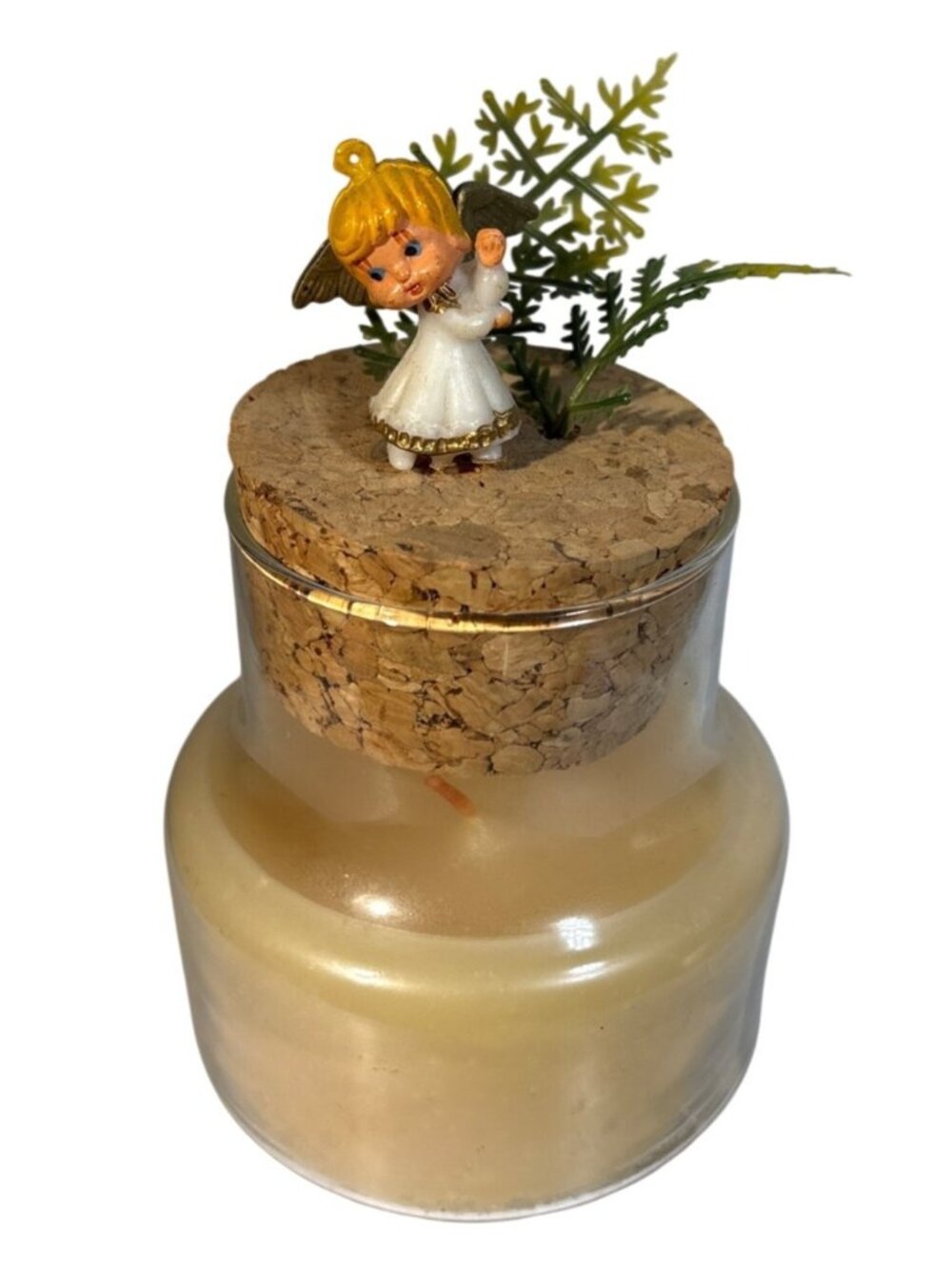 Vintage Glass Candle With Cork Lid & Angel Figurine Accent